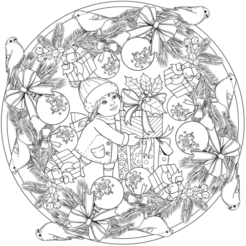 Christmas Mandala With Little Girl, Presents And Bullfinch Coloring Page